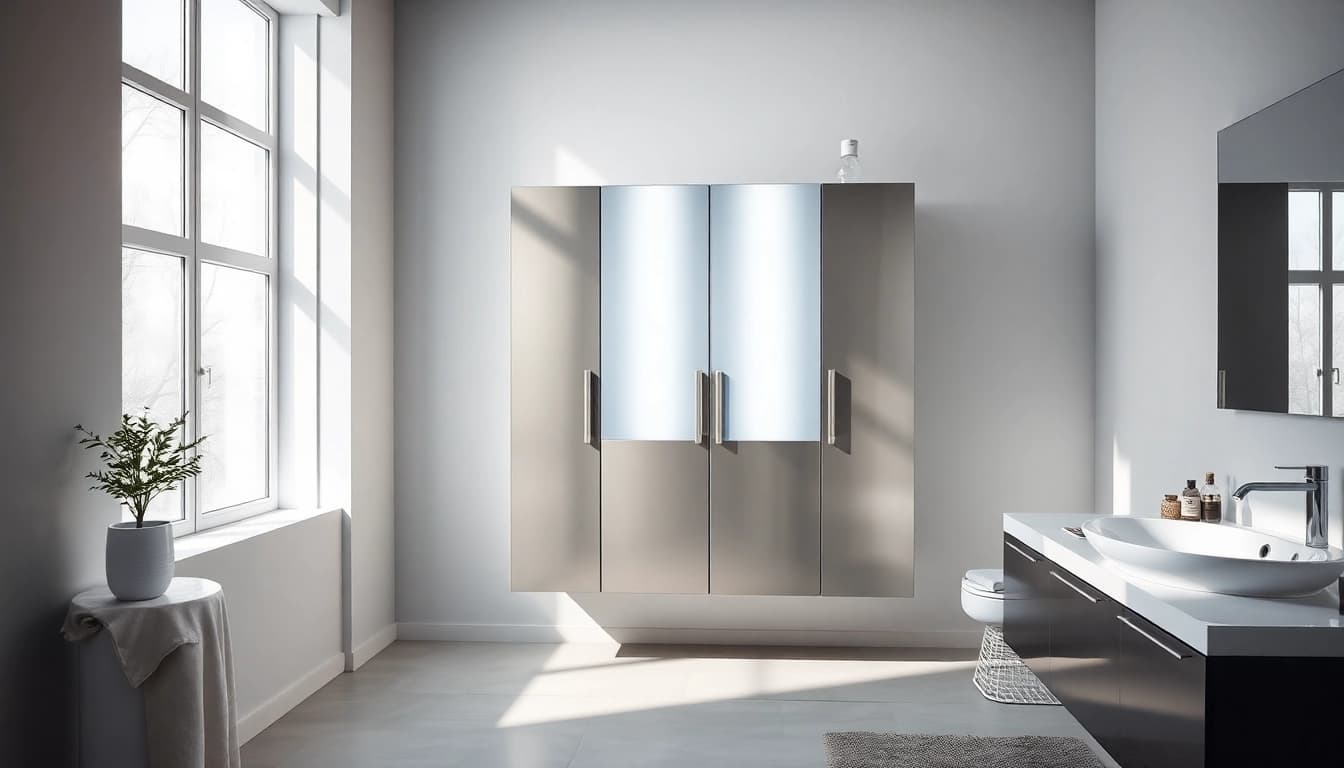 Der sonni Spiegelschrank mit Beleuchtung in einem modernen Badezimmer.