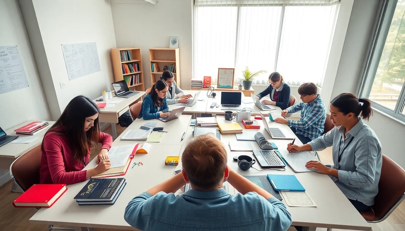 Students collaborating in a bright study space for exam assistance industry.