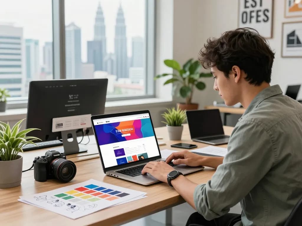 Web designer Kuala Lumpur crafting a vibrant website in a modern studio.