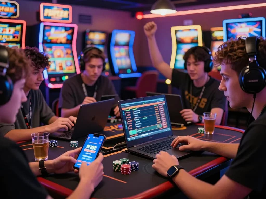 Momen permainan online yang intens menampilkan pemain laoban188 yang menikmati permainan slot yang meriah bersama.