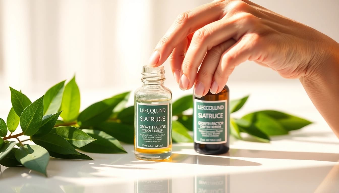 Applying an affordable growth factor serum for radiant skin during skincare routine.