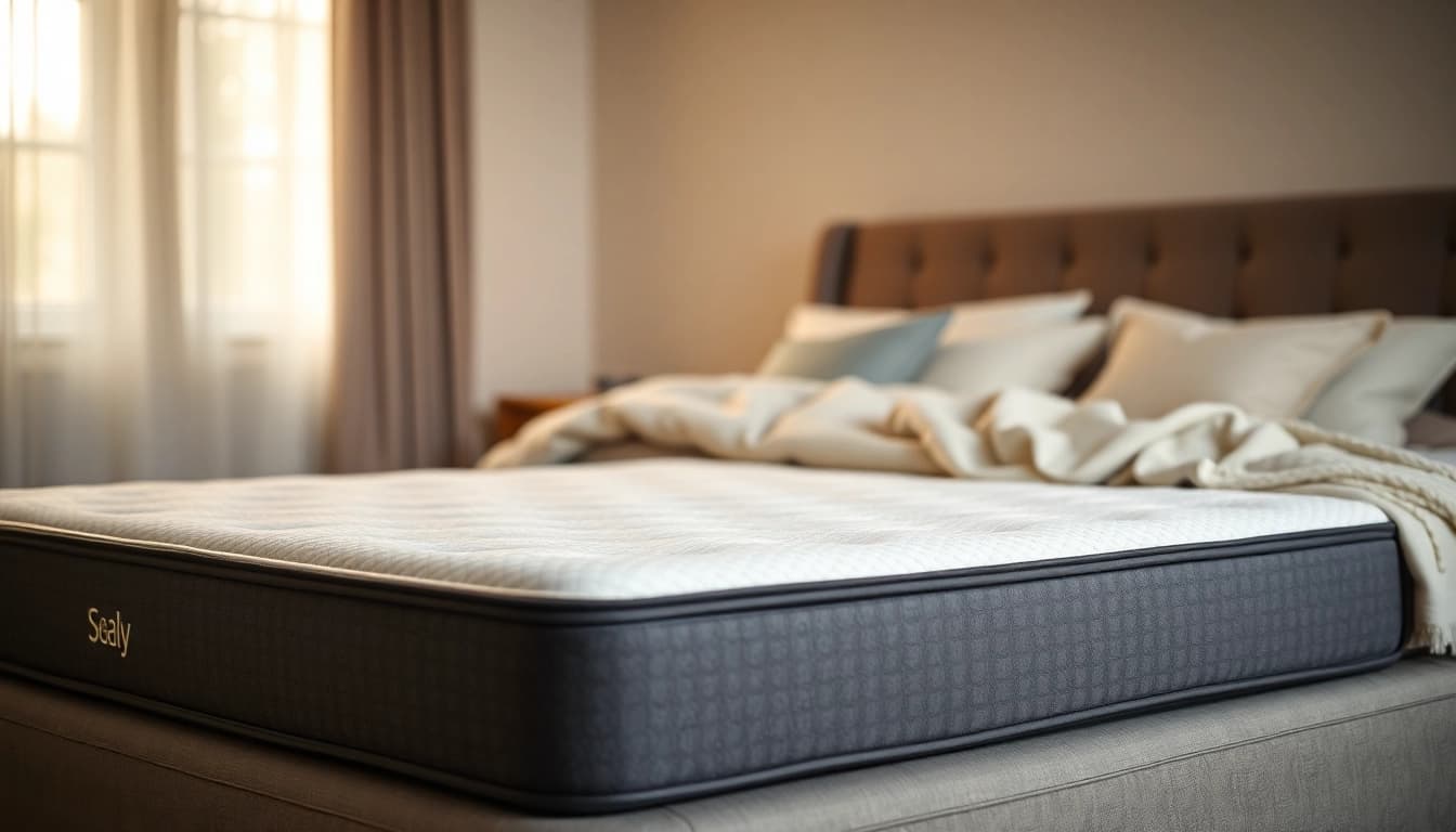 Showcase a sealy 10 inch memory foam mattress in a cozy bedroom, emphasizing its comfort and plush design.