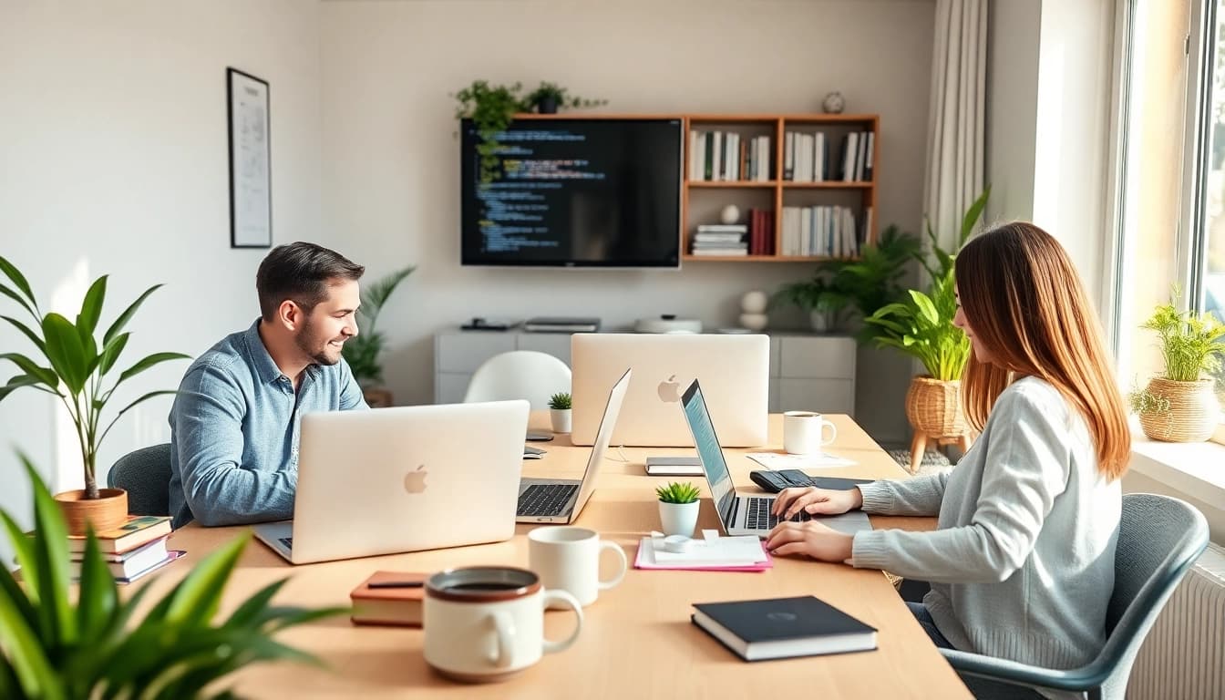 Engaged team collaborating on remote software development jobs in a stylish home office.