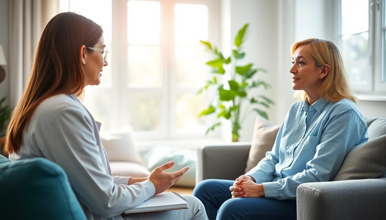Anxiety symptoms discussion in a calming therapy session with a supportive atmosphere.