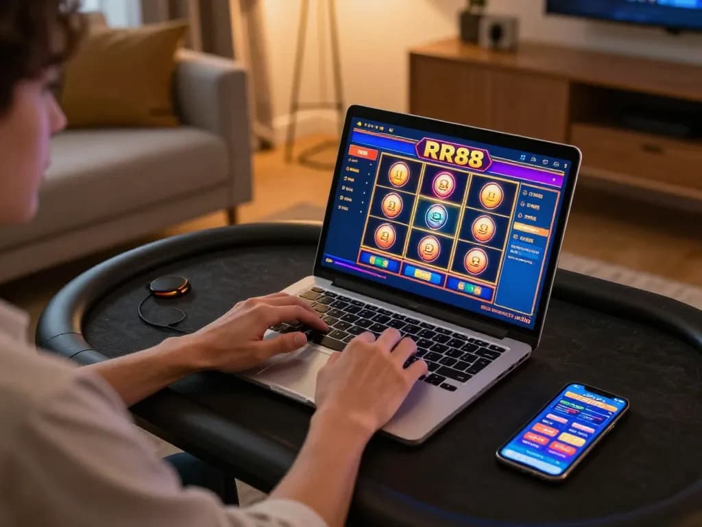 Player enjoying RR88 casino games on laptop with vibrant slot interface set in a cozy home.