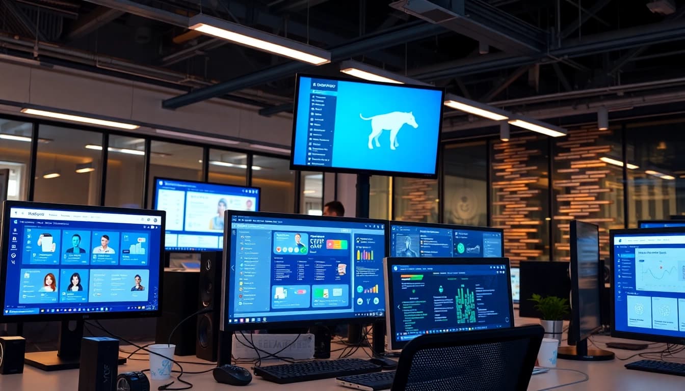 Engaging ai tool marketplace showcasing various AI tools in a vibrant, tech-savvy workspace.