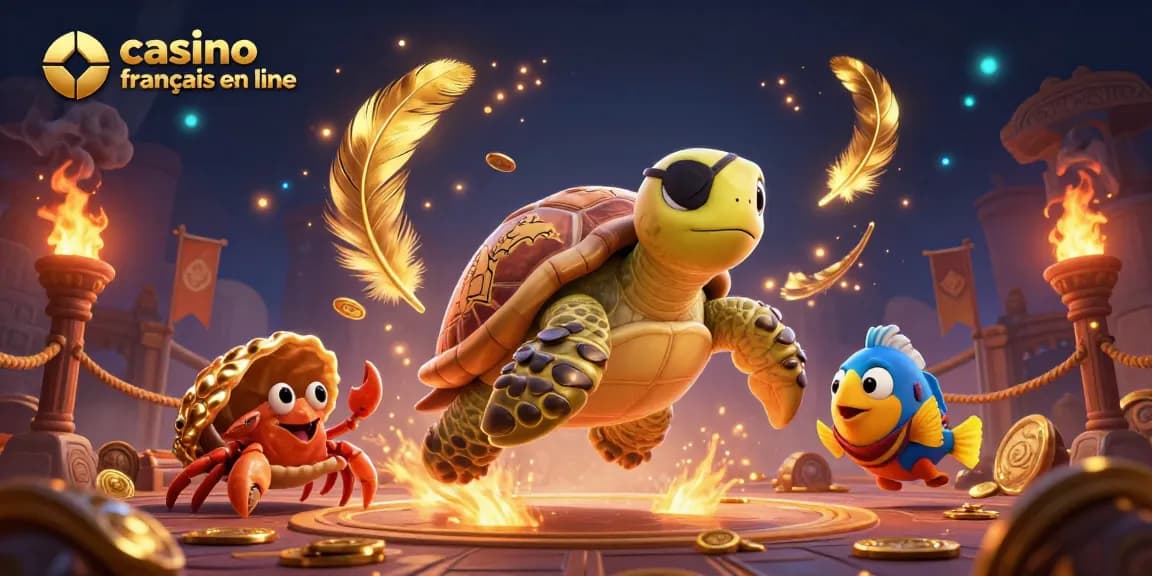 Découvrez le monde du casino français en ligne avec une tortue pirate et des pièces d'or flottantes.