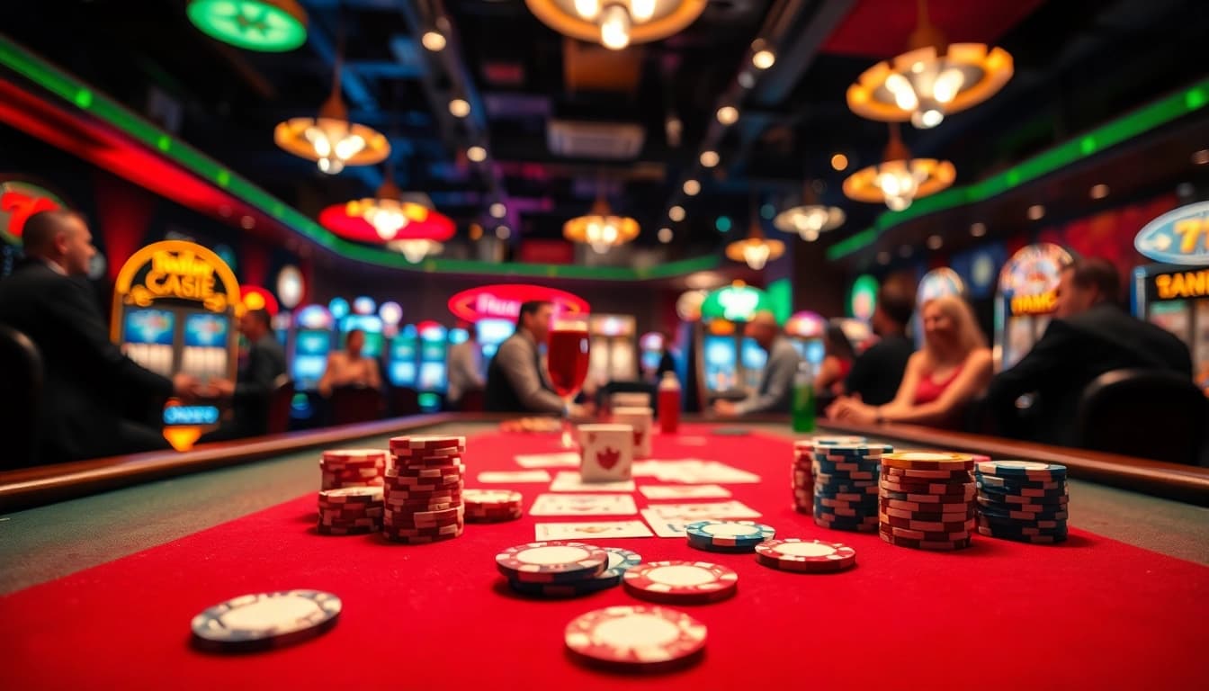 Interwin pada meja permainan kasino yang ramai dengan chip dan kartu yang bersinar.