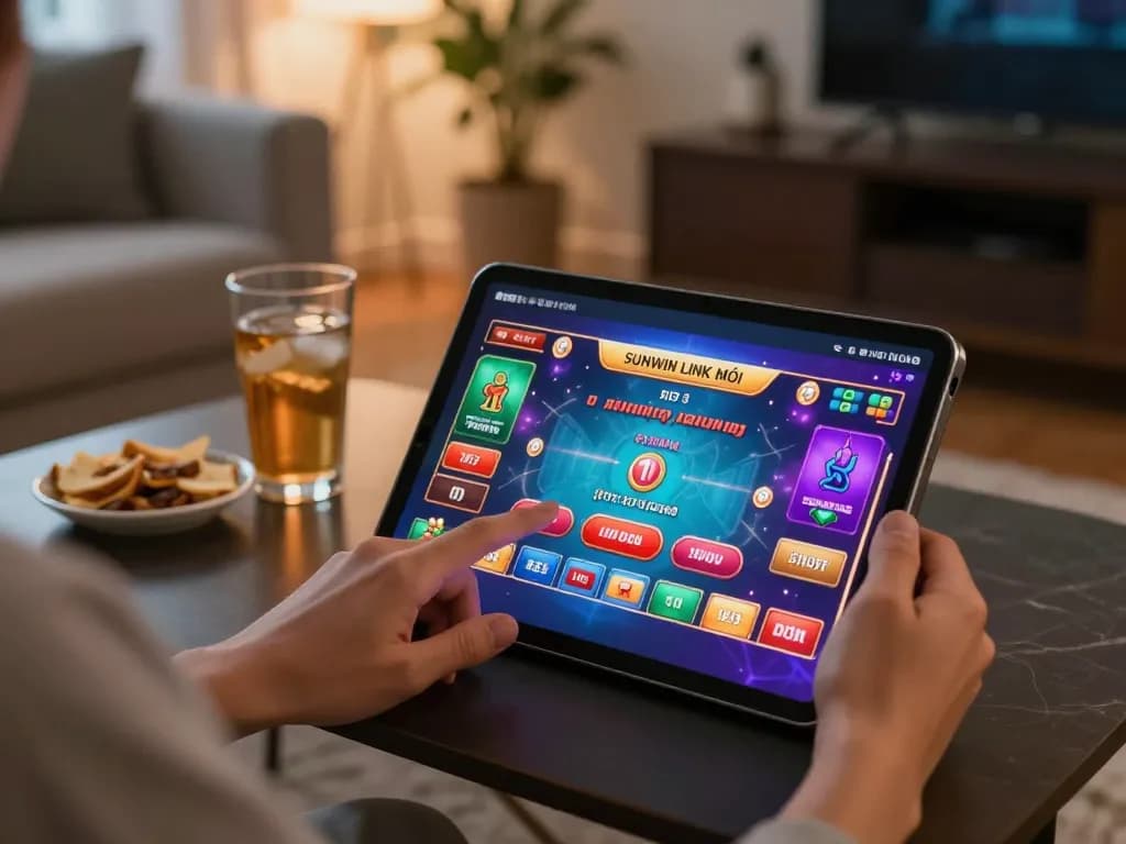 Savoring online gaming action with SUNWIN LINK MỚI on a tablet while enjoying snacks at home