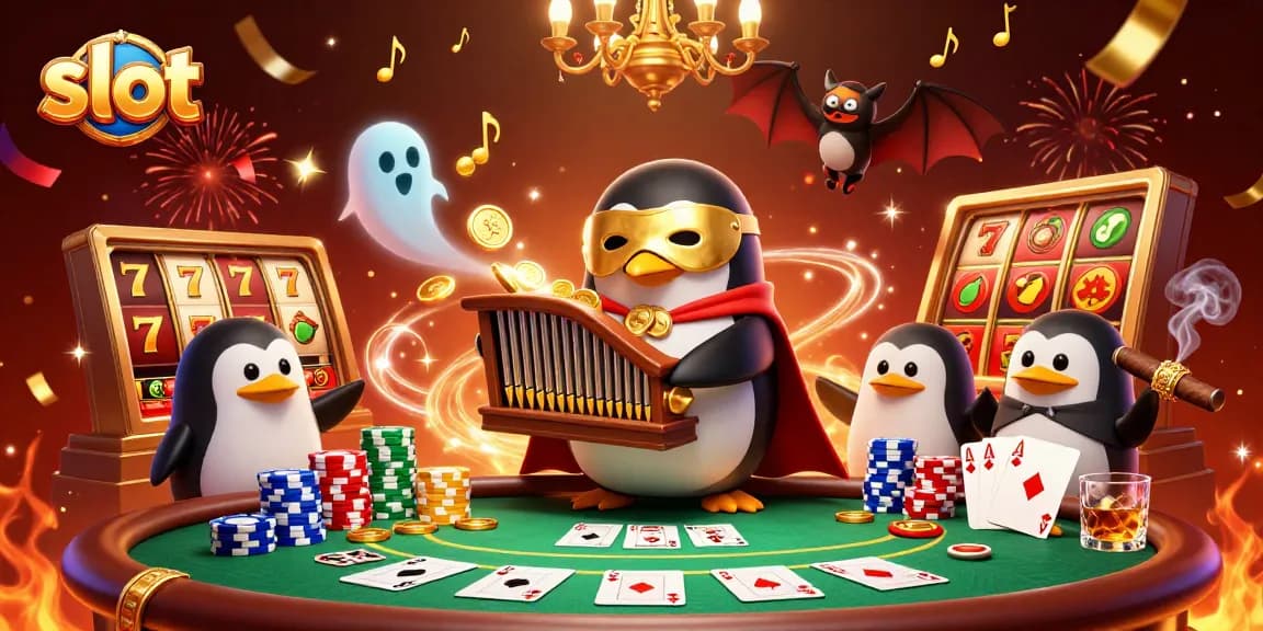 Engaging scene of a slot penguin playing organ with vibrant casino elements, showcasing thrilling slot excitement.