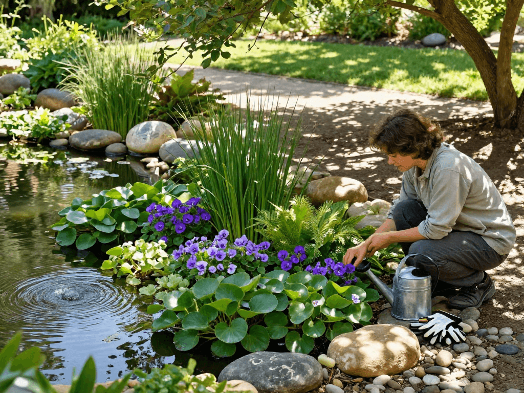 Vibrant marginal pond plants in serene garden setting, showing flourishing water violets and ornamental grasses.