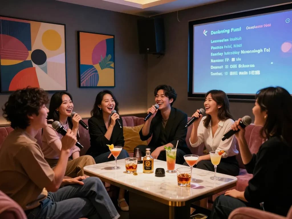 Luxurious karaoke experience at https://www.gangnamtune.com featuring vibrant decor and joyful singing.