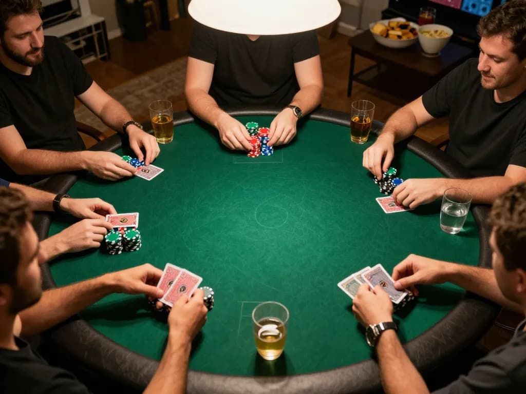 Players enjoying poker at home while using https://www.mnm88.com/ for online betting strategies.