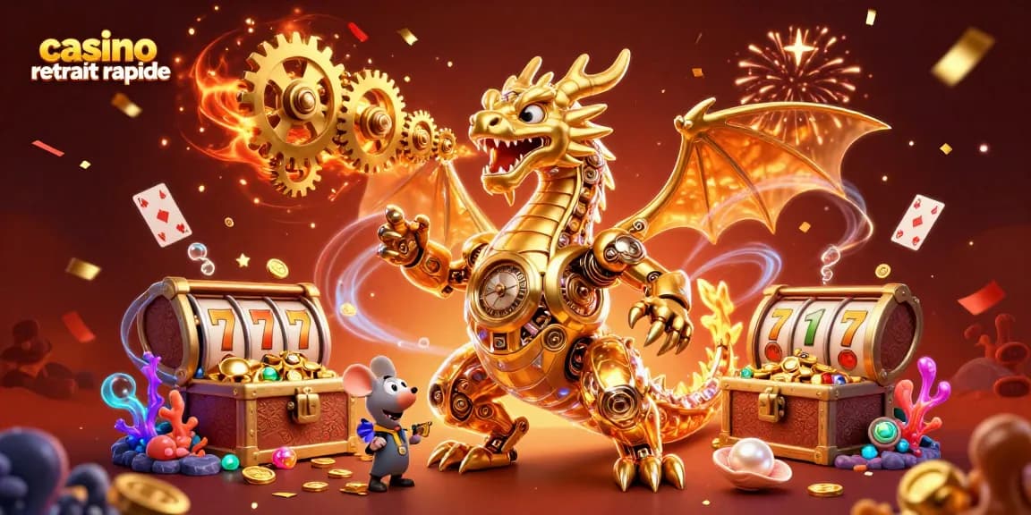 Casino retrait rapide : dragon doré et trésors dans une illustration dynamique.