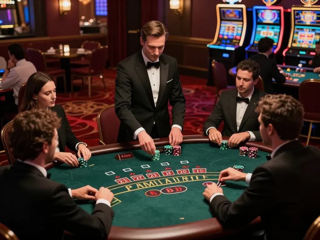 Players engaged at the kkwin blackjack table, showcasing strategic betting in an upscale casino environment.