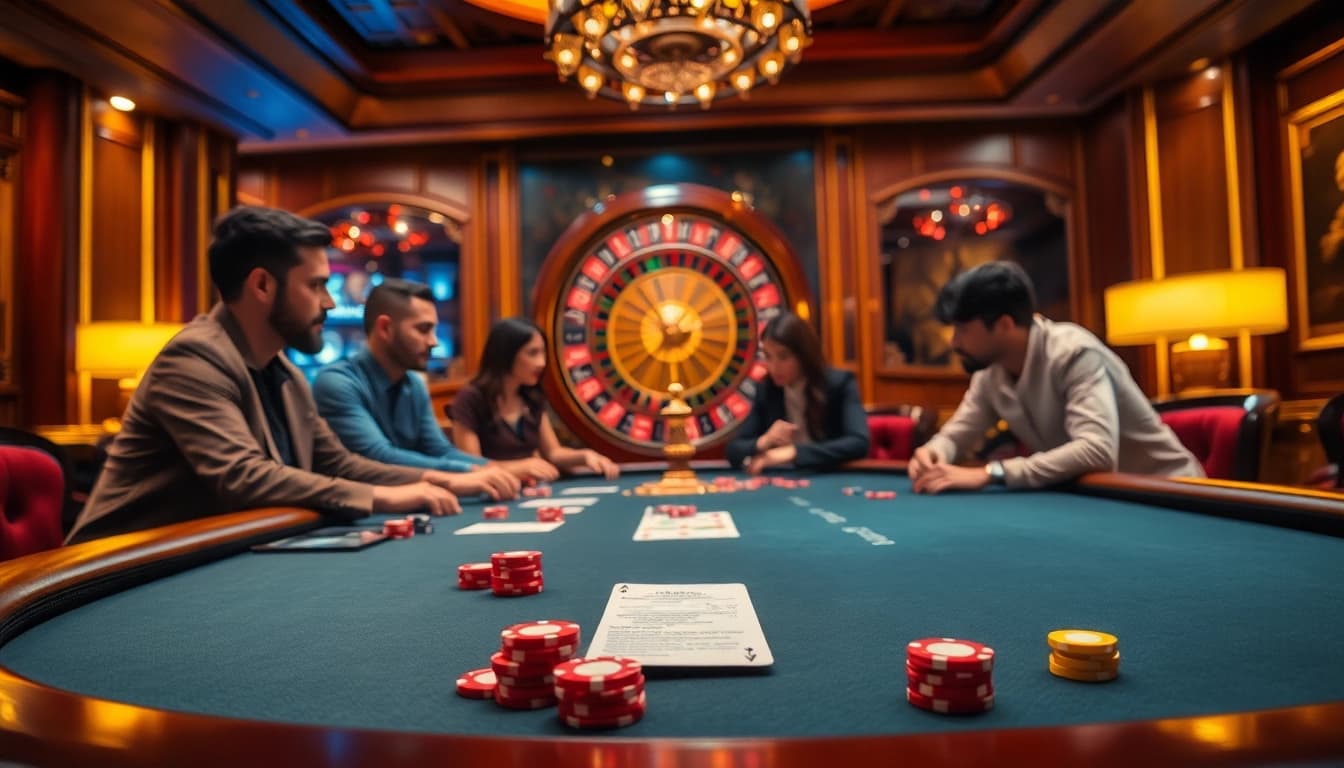 Experience the thrill of 'Link hi88' at a bustling casino poker table, filled with action and excitement.