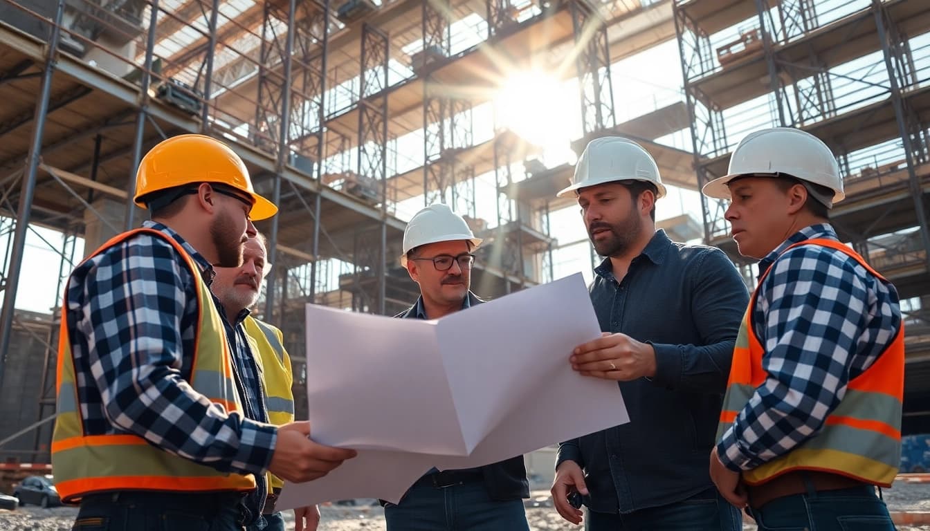 Careers in construction highlighted through professionals collaborating at a busy building site.