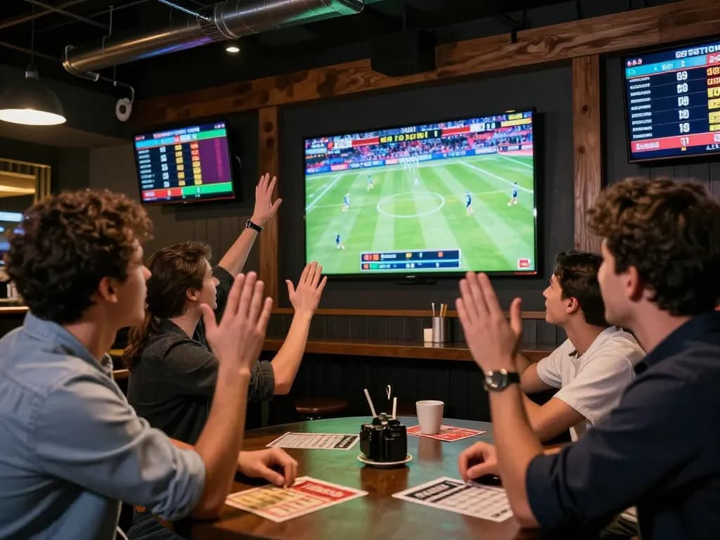 Cakhia tv live sports betting scene with friends cheering at a bar, showcasing excitement and camaraderie