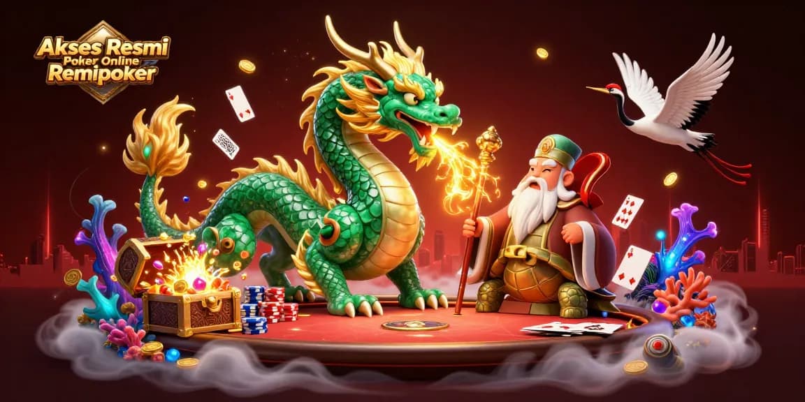 Akses Resmi Poker Online Remipoker showcases a dynamic poker scene with a jade dragon, turtle sage, and lucky cranes.