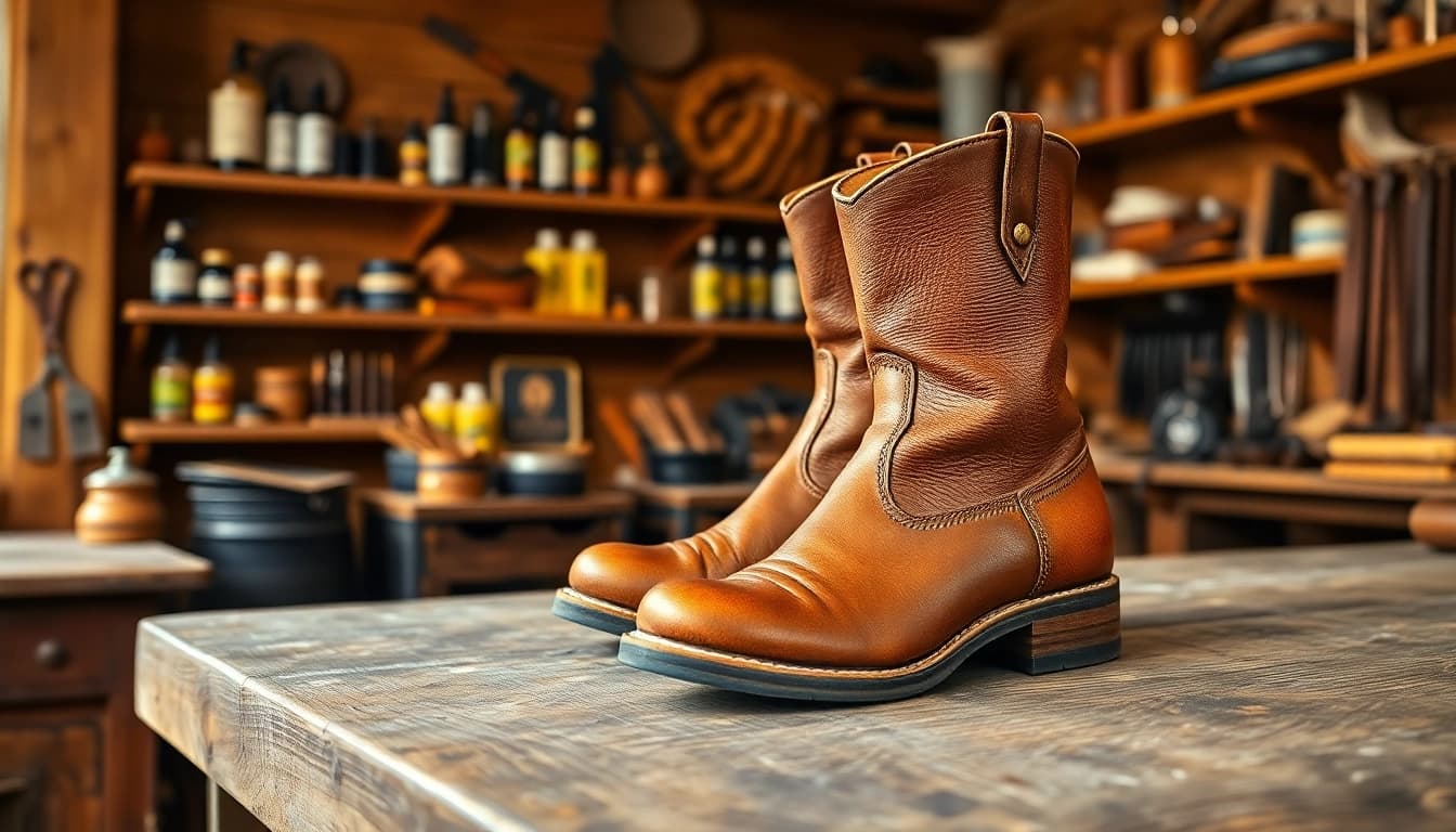 Conditioning oil-tanned leather boots resting on a workbench, showcasing rich texture and craftsmanship.
