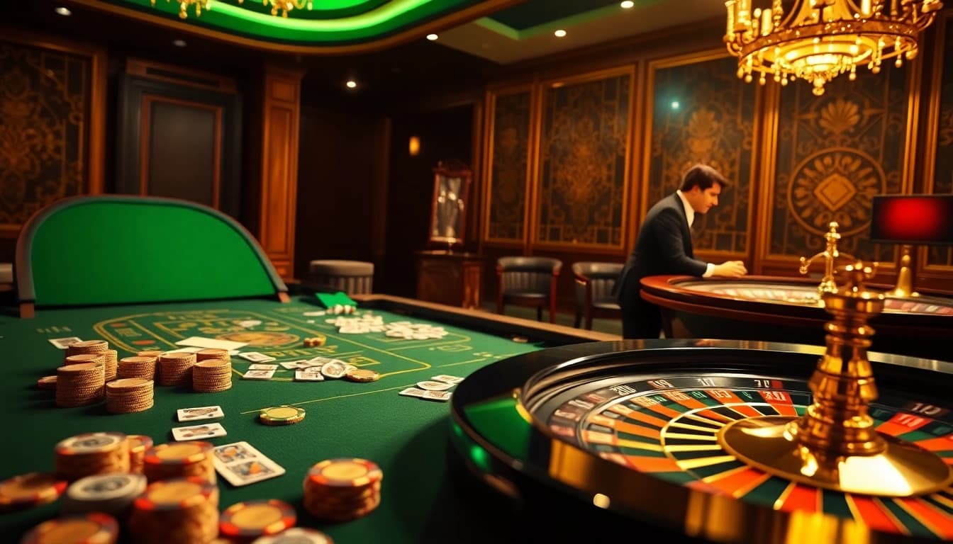 Betting excitement at mk8th.net with a vibrant casino scene featuring cards and roulette.