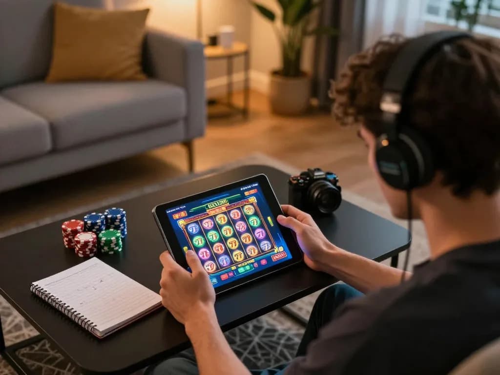 Engaging player enjoying a dynamic slot 777 game on their tablet in a cozy living room setup