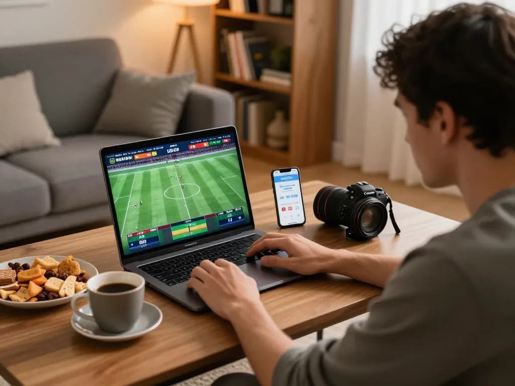 Bong Da Lu user actively placing a bet while watching live football scores in a cozy home setting.