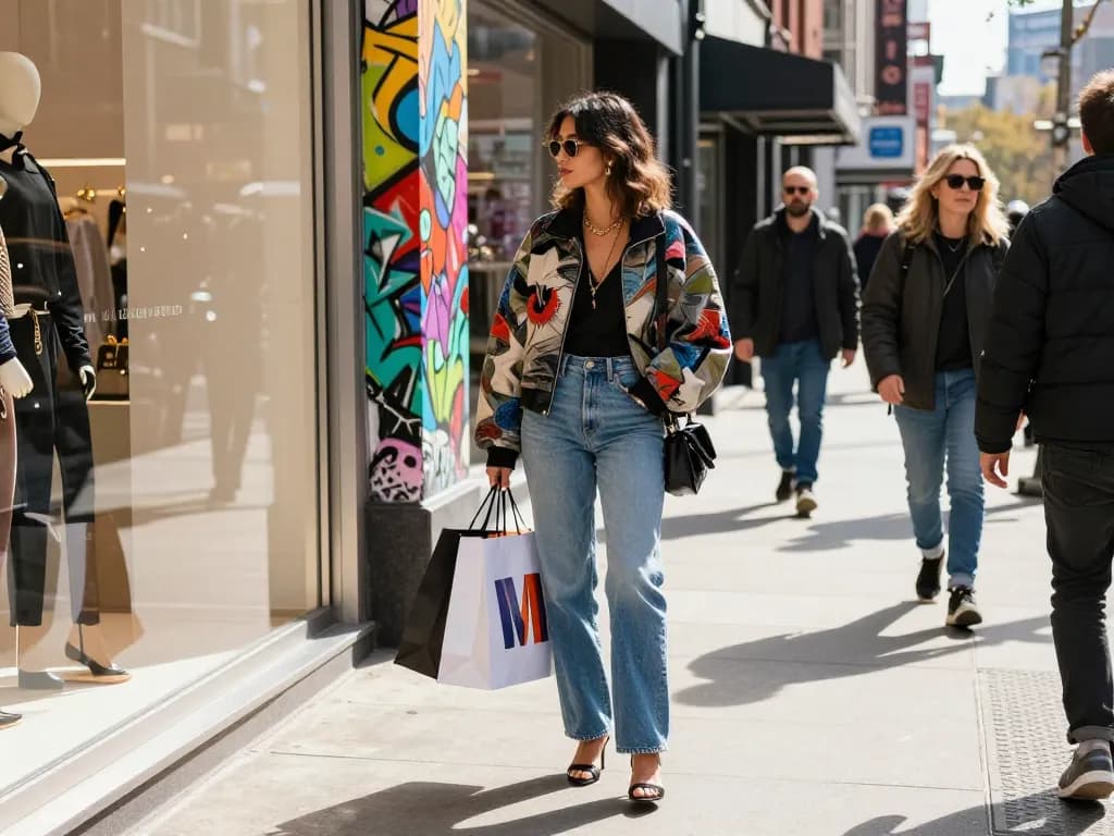 Fashion influencer exploring a 레플리카 쇼핑몰 in a vibrant urban setting, showcasing trendy styles and street culture.