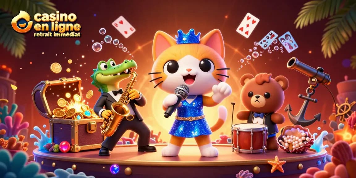 Réclamez vos gains en un rien de temps avec un casino en ligne retrait immédiat où un chat chante, un crocodile joue du saxophone et un ourson joue de la batterie.