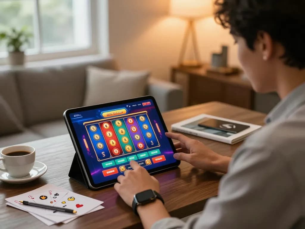 Engaging in situs slot thailand via tablet in a stylish home office with warm lighting