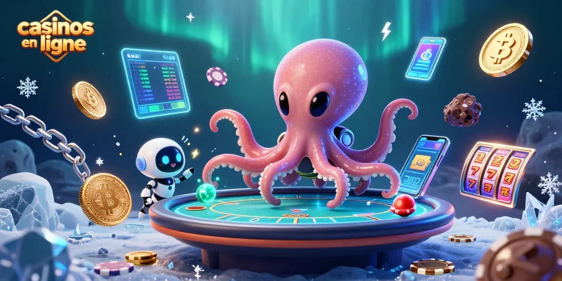 Plongez dans les casinos en ligne avec notre illustration d'un octopus extraterrestre aux jeux de poker holographiques.