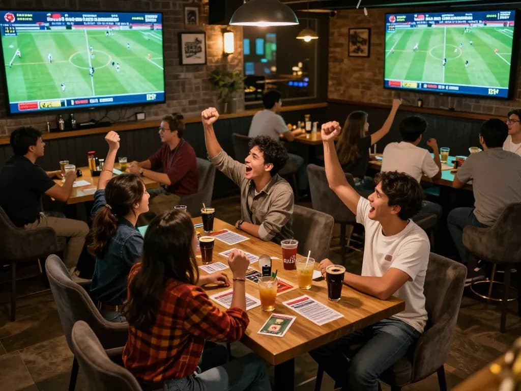 Excited fans watching Trực tiếp bóng đá CakhiaTV at a sports bar with drinks and betting slips.