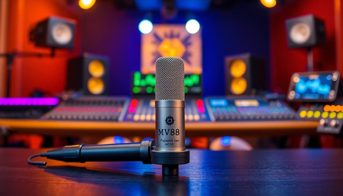 Capture of the MV88 microphone showcasing its sleek design and premium features in professional lighting.