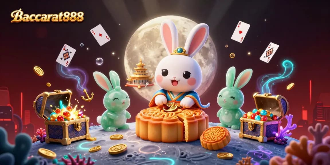 Baccarat888 offers a rich experience with vibrant moon rabbit scene filled with poker chips and playing cards amidst dynamic casino elements.