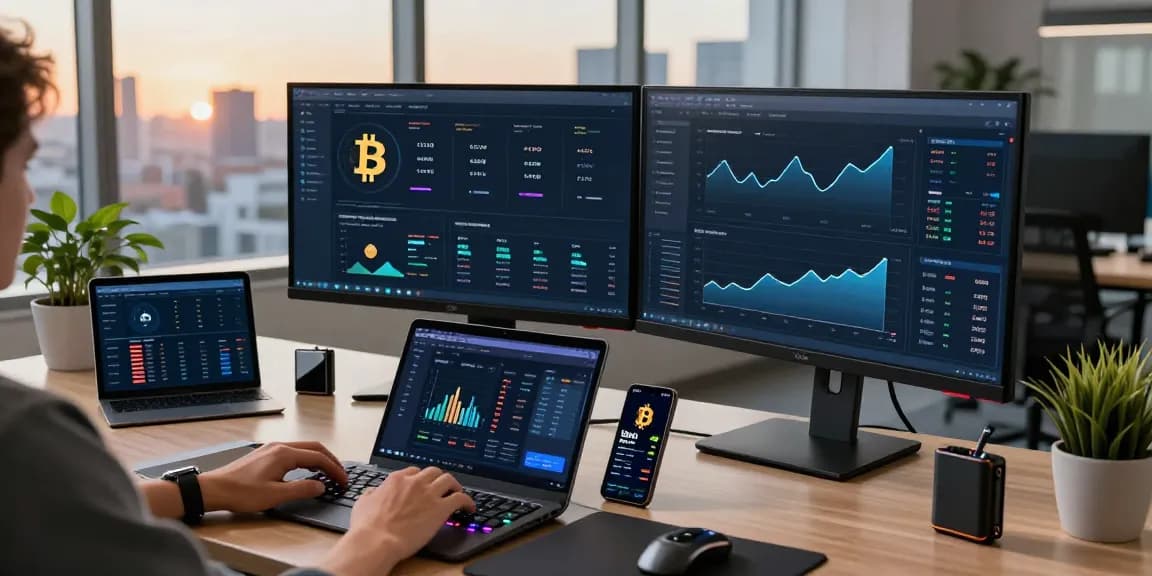 Cloud mining crypto workspace with advanced trading setup, displaying Bitcoin stats and DeFi opportunities.