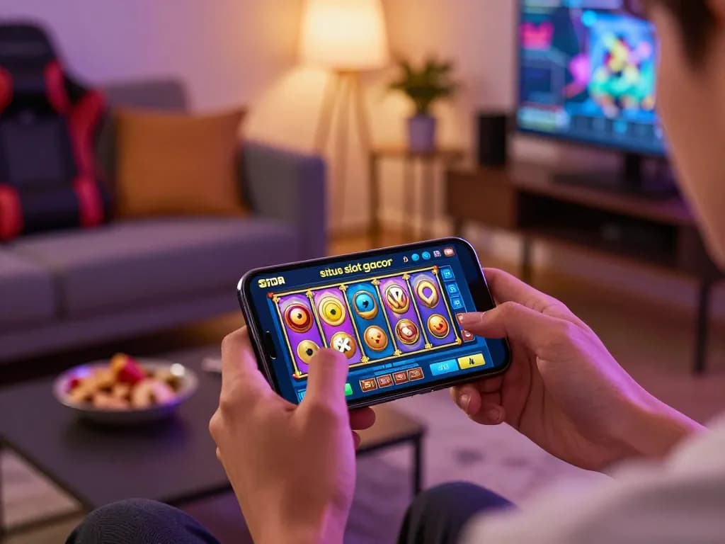 Engaging with situs slot gacor on smartphone while enjoying a cozy gaming environment at home.