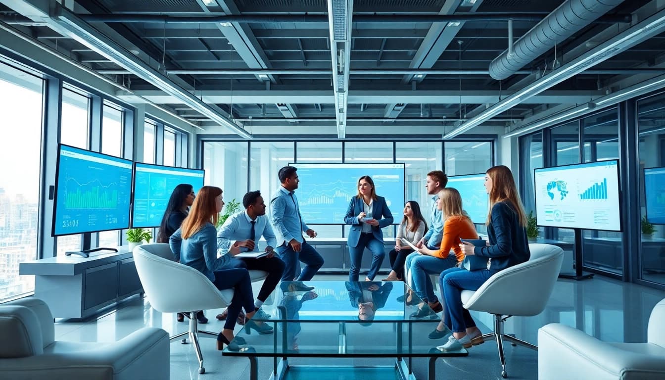 Team utilizing enterprise search tools in a modern office setting with advanced technology.