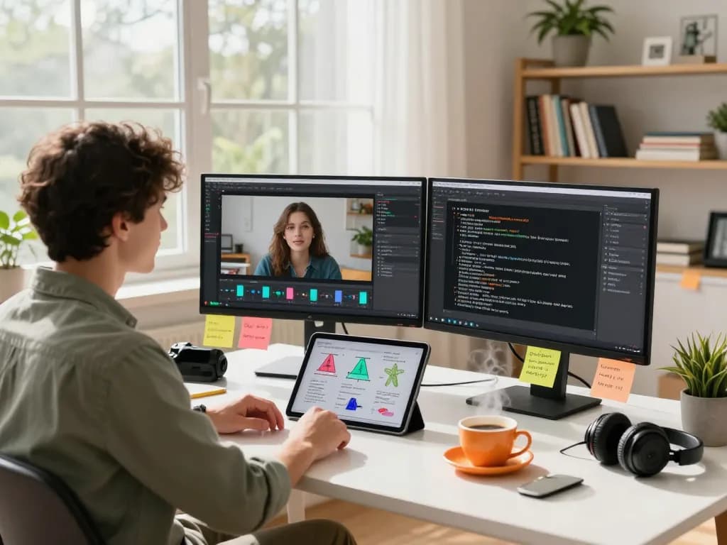 Professional using video to prompt ai in a bright workspace with screens displaying generated prompts.