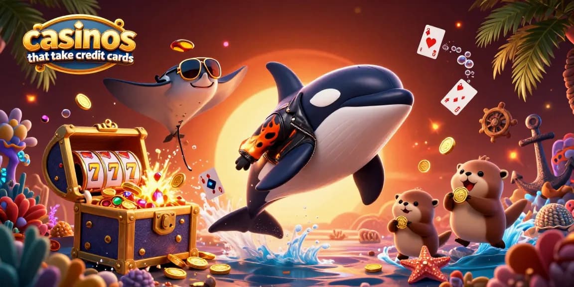 Experience the thrill of casinos that take credit cards with vibrant sea creatures celebrating around golden treasures and slot games.