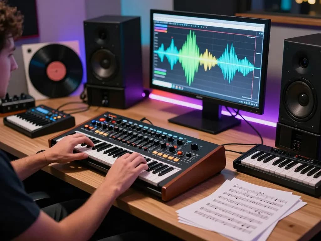 A musician using the SC88 sound module in a vibrant music studio environment, showcasing creativity and technology.