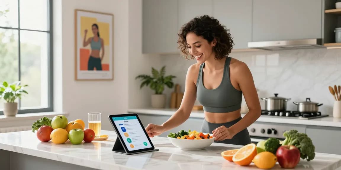 Healthy individual using the best AI macro tracker app while preparing a balanced meal in a bright kitchen.