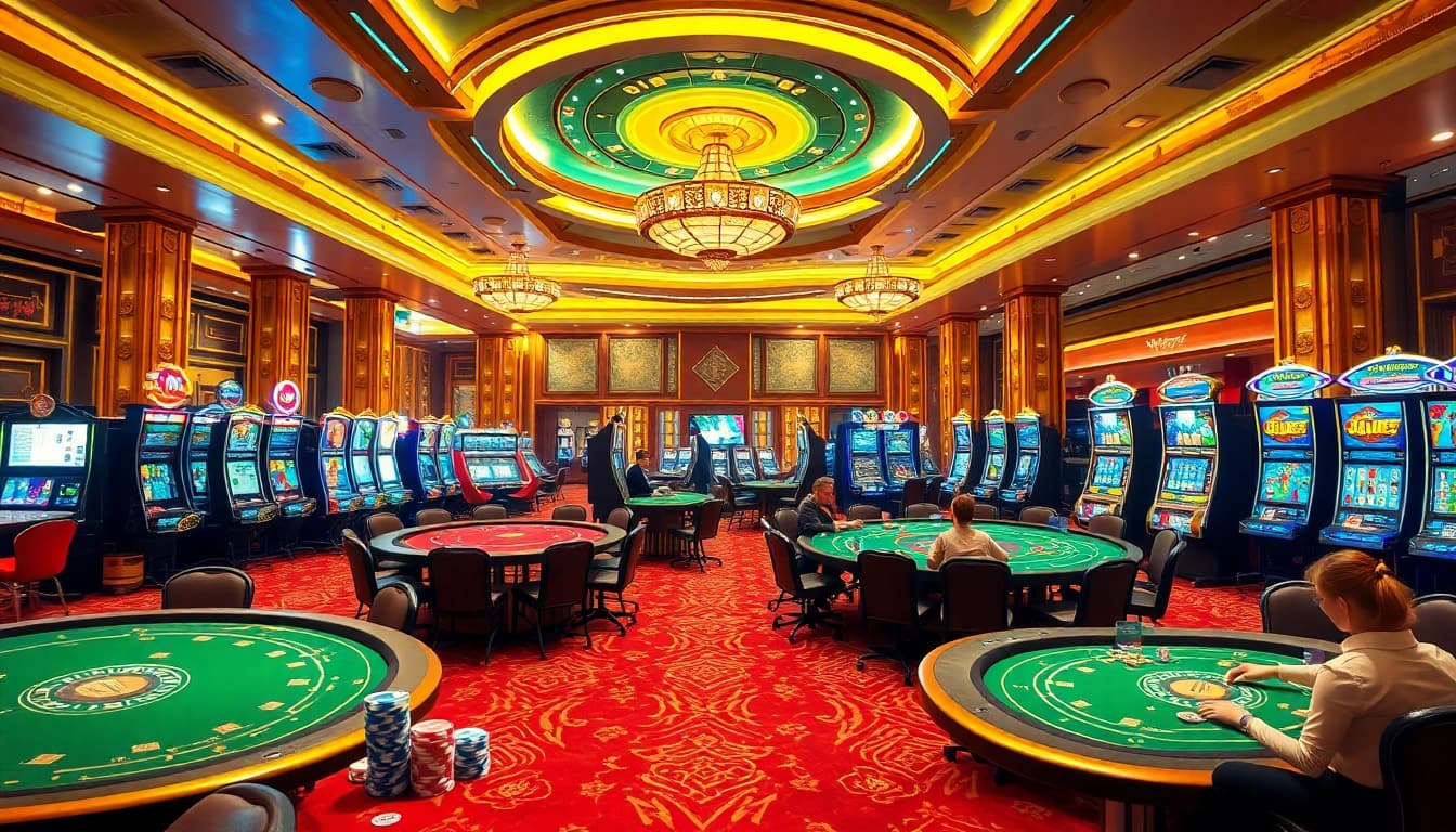 Experience thrilling gaming excitement at Nhà cái QQ88 with elegant casino tables and vibrant slot machines.
