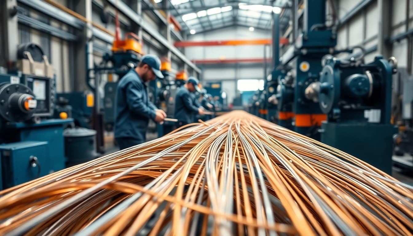 Wire Manufacturer showcasing skilled workers and machinery in a bright workshop.