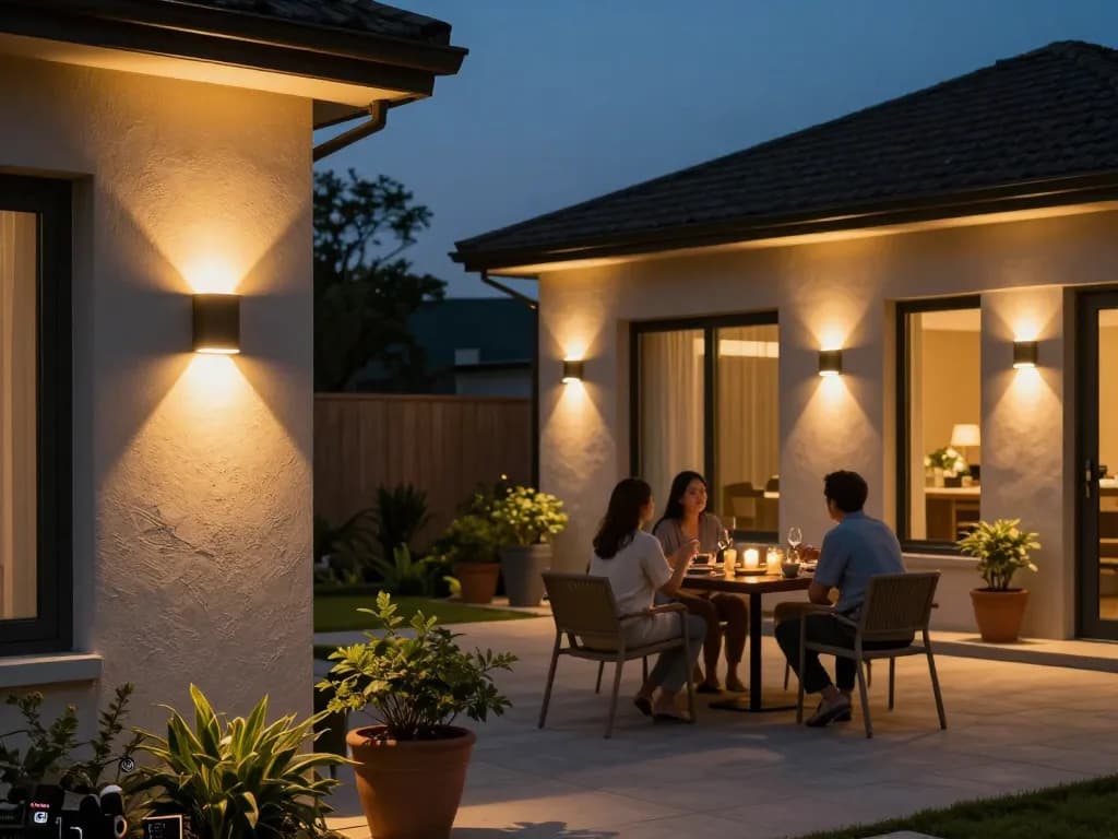 Dusk to dawn outdoor lights illuminating a modern home patio, enhancing safety and ambiance.
