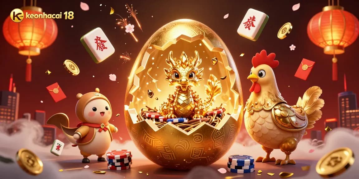 Engage in thrilling action with keonhacai 18, showcasing a magical baby dragon and poker chips.