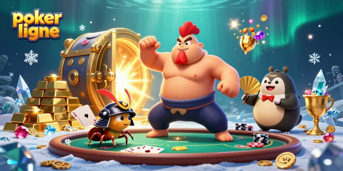 Jouez au poker en ligne avec une ambiance festive, entouré de richesses et d'actions intenses.