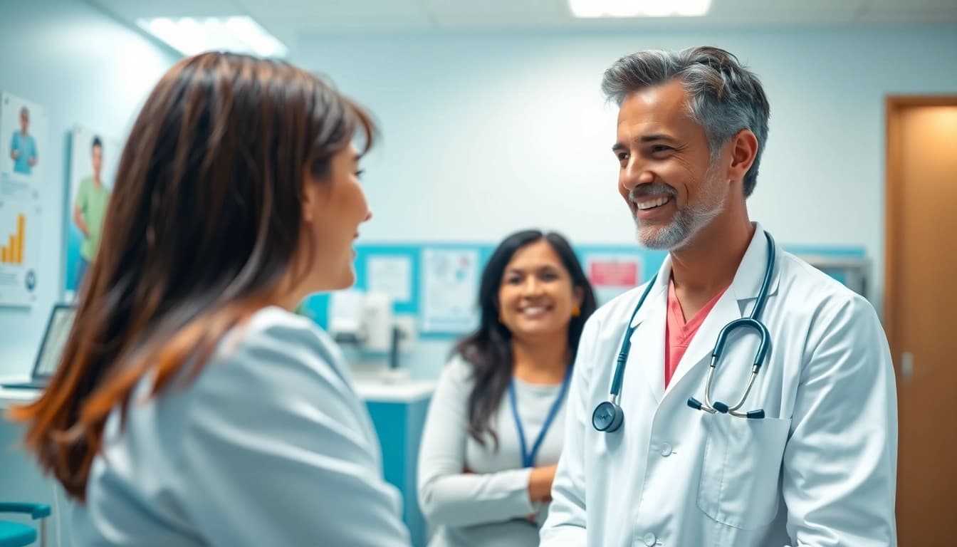 Engaging scene of a private gp providing care to a patient in a bright clinic setting.