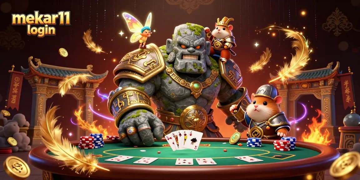 Experience the excitement of mekar11 login at a lively poker table, with characters and casino elements.
