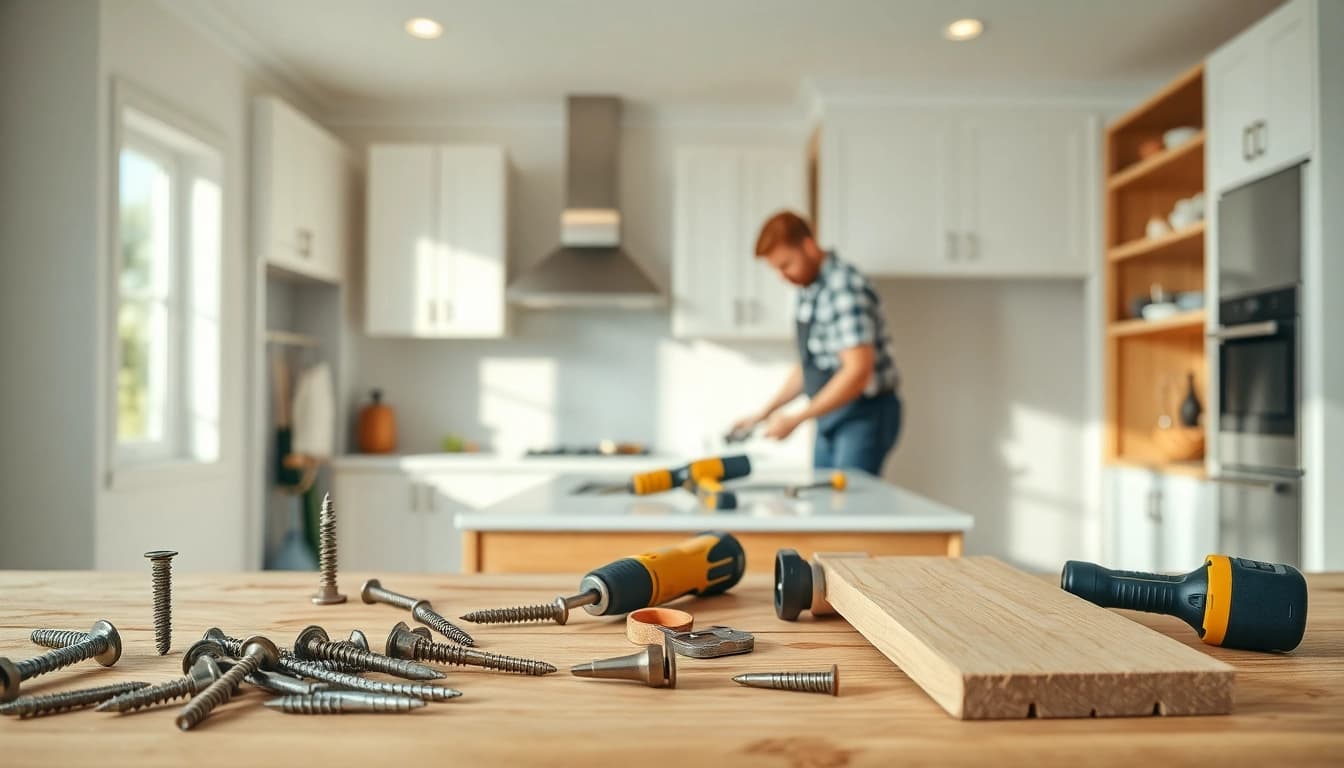 Installers working on a kitchen installation near me, showcasing tools and a modern design.