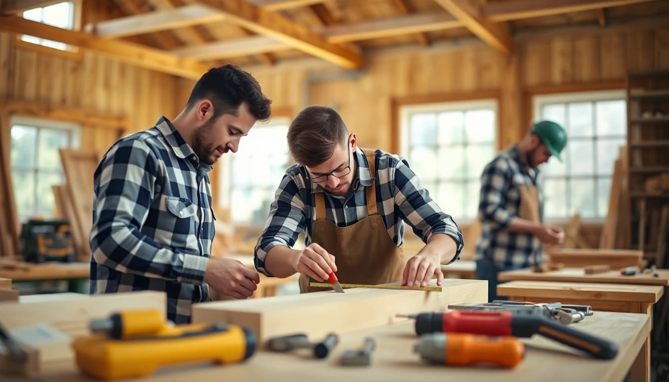 Carpentry apprenticeship training session showcasing carpenters at work with tools.